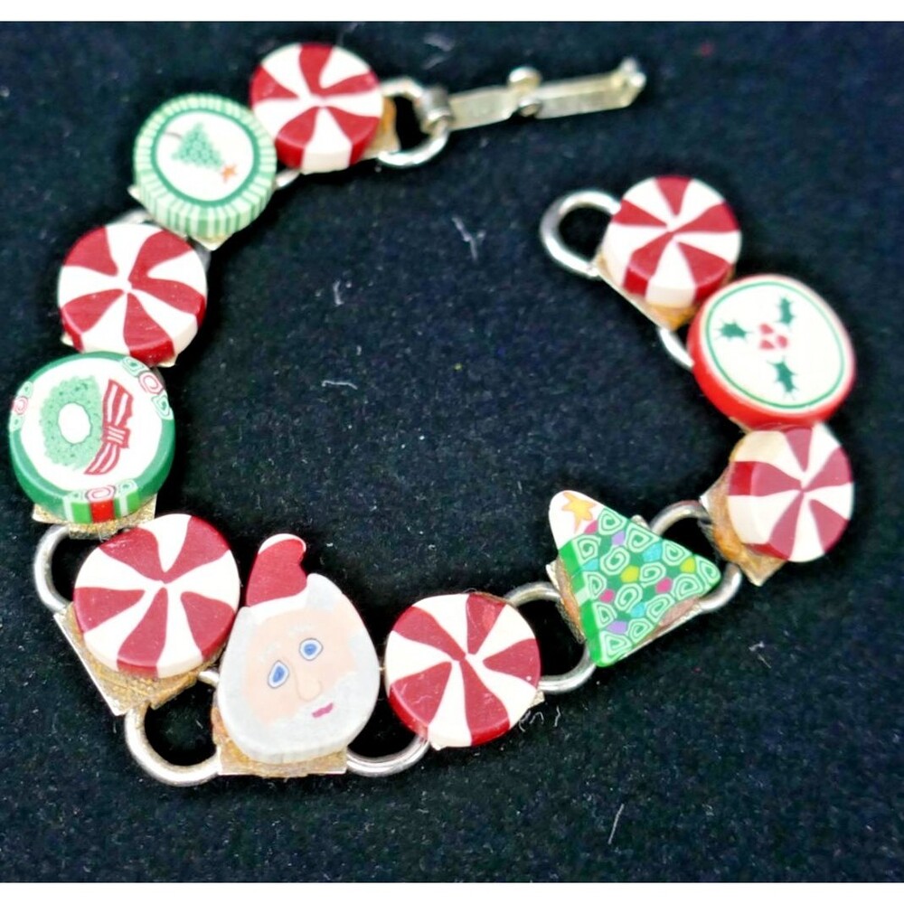 Vintage 90s Christmas Charm Bracelet Polymer Clay Holiday Jewelry Santa 7 inch